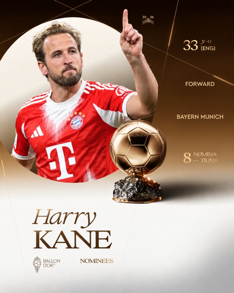 Carte Ballon d'Or 2026 de Harry Kane, attaquant du Bayern Munich, 33 ans, 8 nominations.