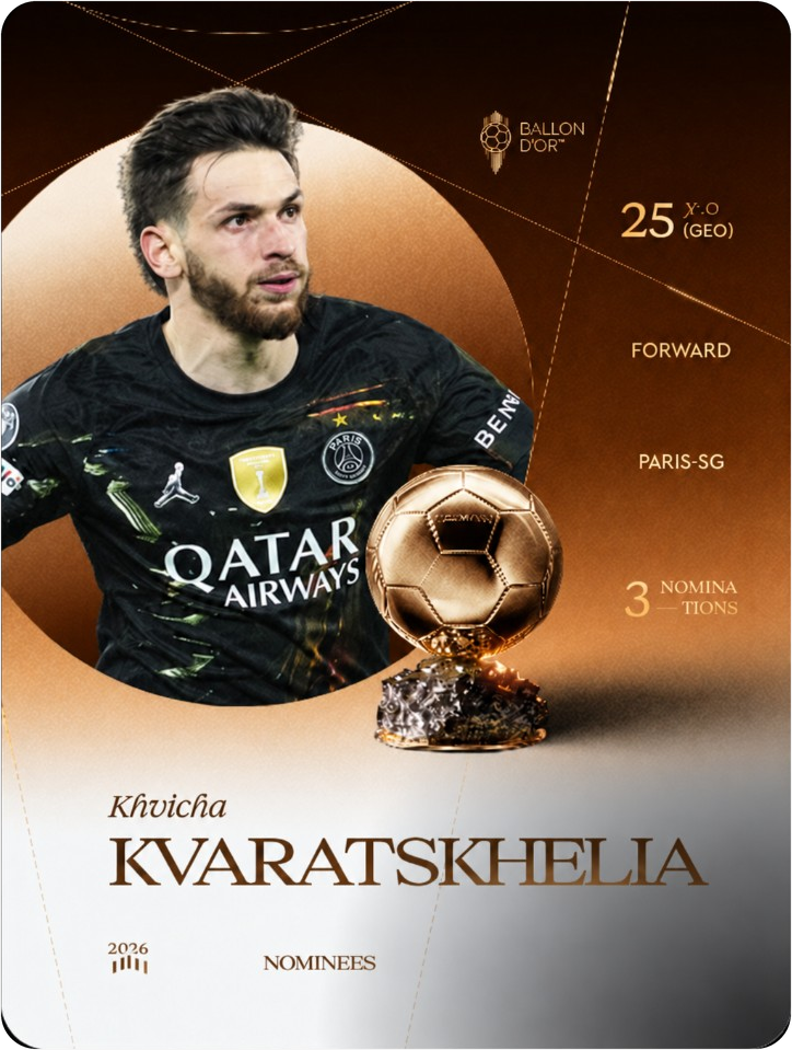 Carte Ballon d'Or 2026 de Khvicha Kvaratskhelia, attaquant du Paris Saint-Germain, 25 ans, 3 nominations.