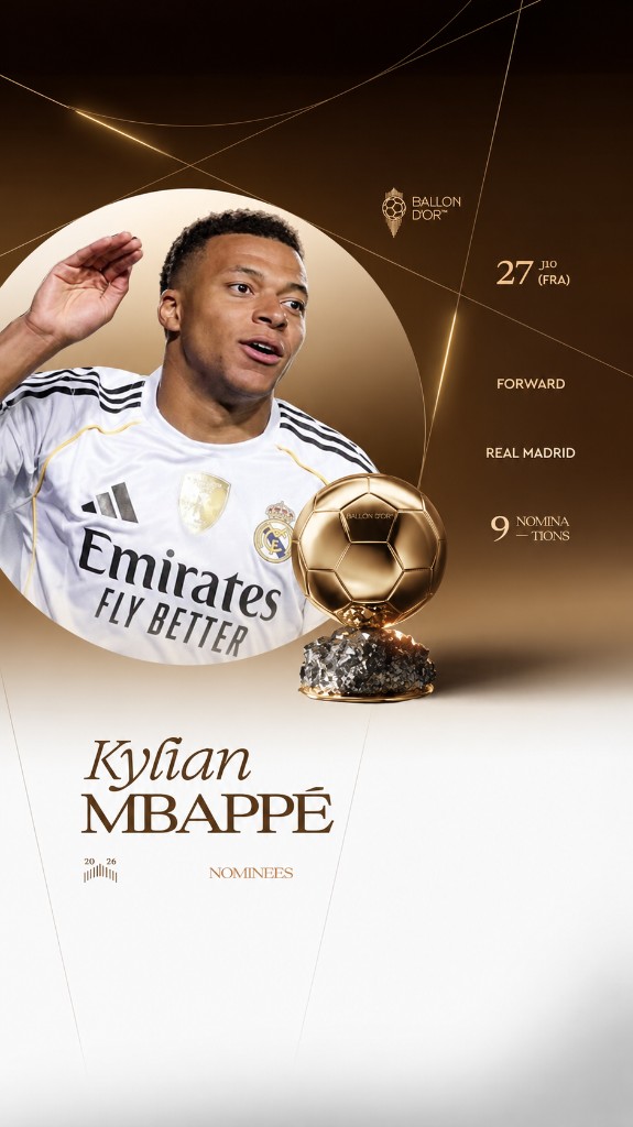 Carte Ballon d'Or 2026 de Kylian Mbappé, attaquant du Real Madrid, 27 ans, 9 nominations.