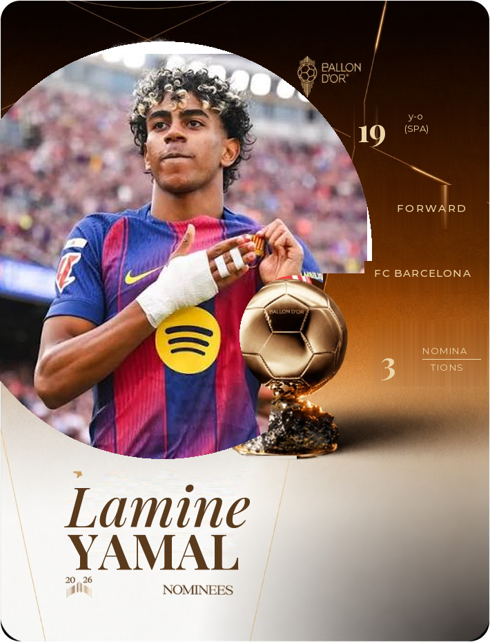 Carte Ballon d'Or 2026 de Lamine Yamal, attaquant du FC Barcelone, 19 ans, 3 nominations.