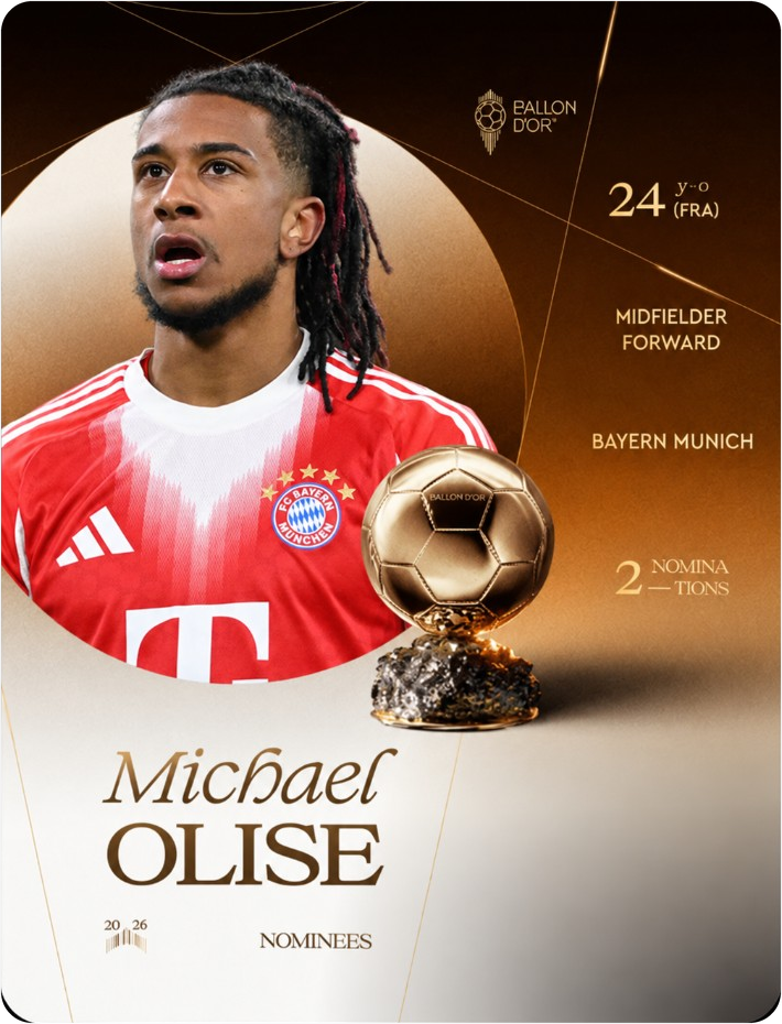 Carte Ballon d'Or 2026 de Michael Olise, milieu et attaquant du Bayern Munich, 24 ans, 2 nominations.