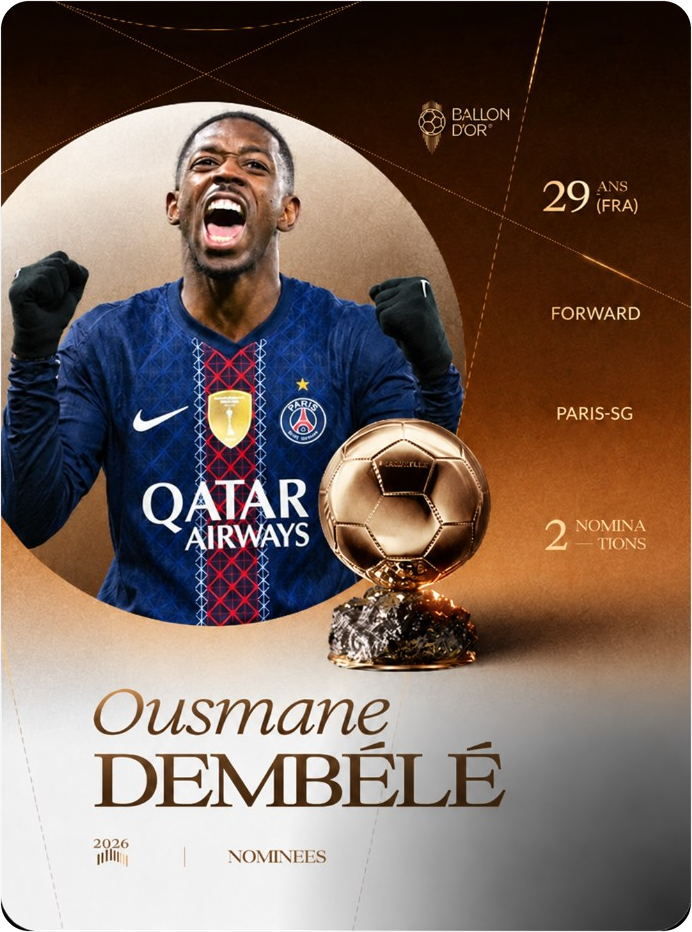 Carte Ballon d'Or 2026 d'Ousmane Dembélé, attaquant du Paris Saint-Germain, 29 ans, 2 nominations.