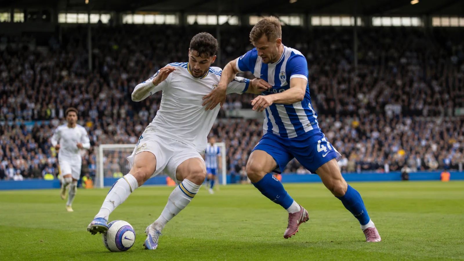 Leeds United Brighton & Hove Albion duel intense au milieu de terrain en Premier League