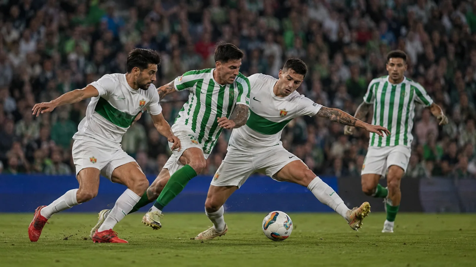 Real Betis Balompié Elche : duel intense au milieu de terrain pendant le match de Liga remporté 2-1 par le Betis