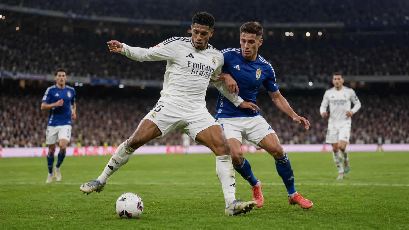Real Madrid Real Oviedo : duel au milieu de terrain pendant le match de Liga