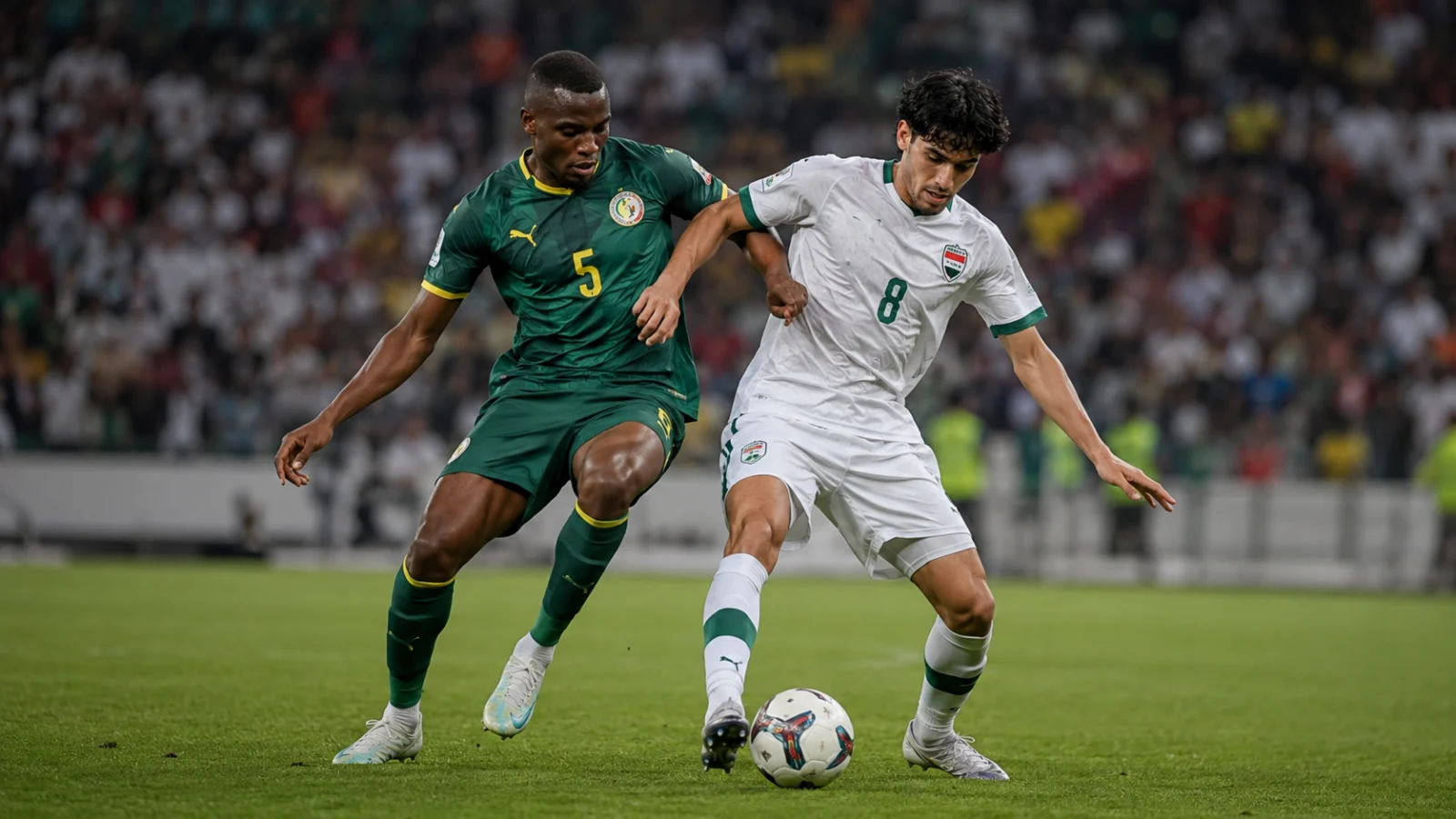Senegal Iraq : duel au milieu de terrain lors du match Sénégal-Irak