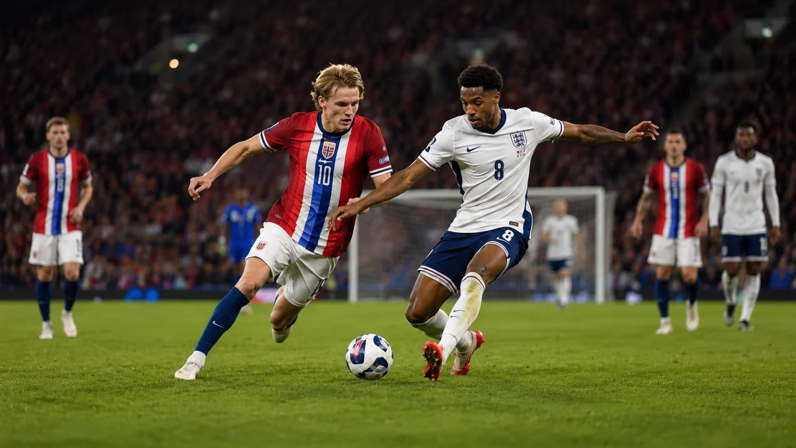Norvège Angleterre duel de match international au milieu de terrain