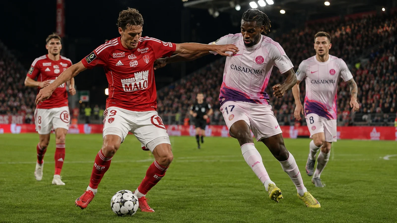 Brest Toulouse : action de jeu au milieu de terrain en Ligue 1