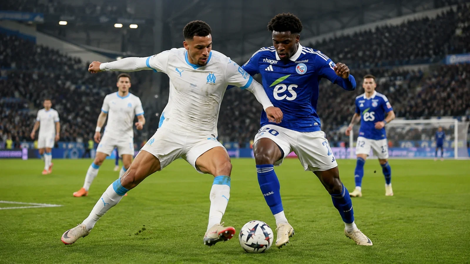 Marseille Strasbourg : duel au milieu de terrain lors du match de Ligue 1