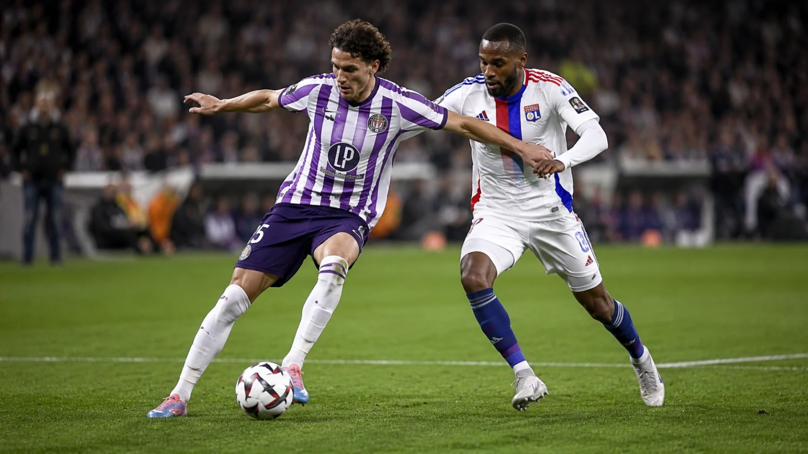 Toulouse Lyon - phase de jeu intense au milieu de terrain en Ligue 1
