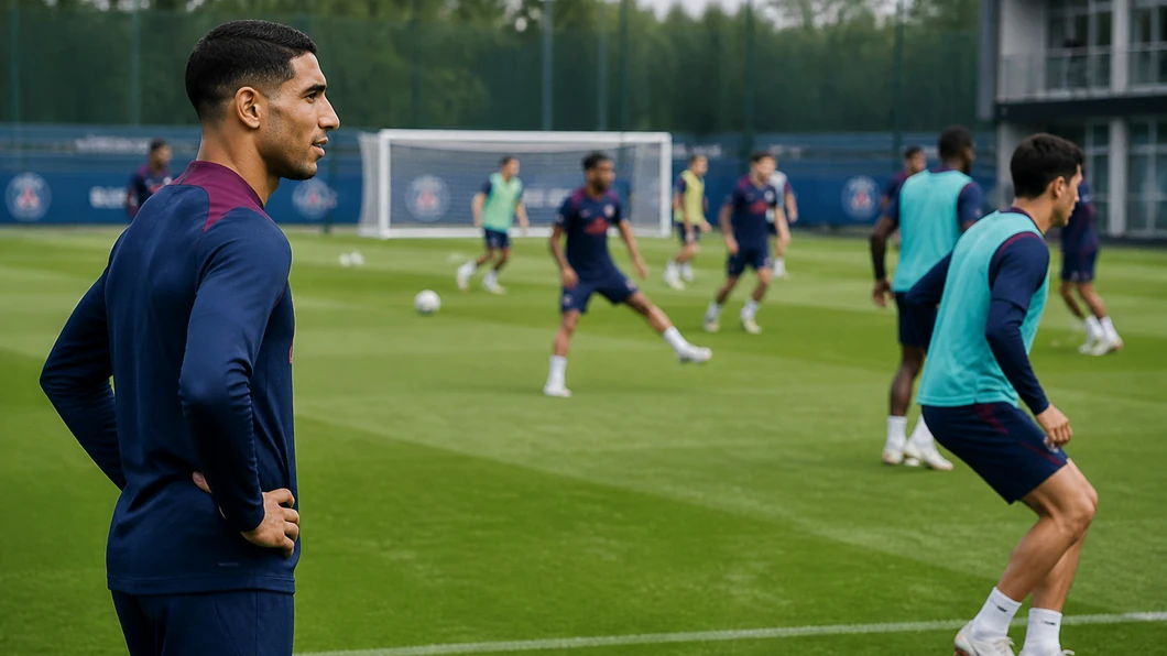 Achraf Hakimi observe une séance d’entraînement du PSG, avec ses coéquipiers en arrière-plan.