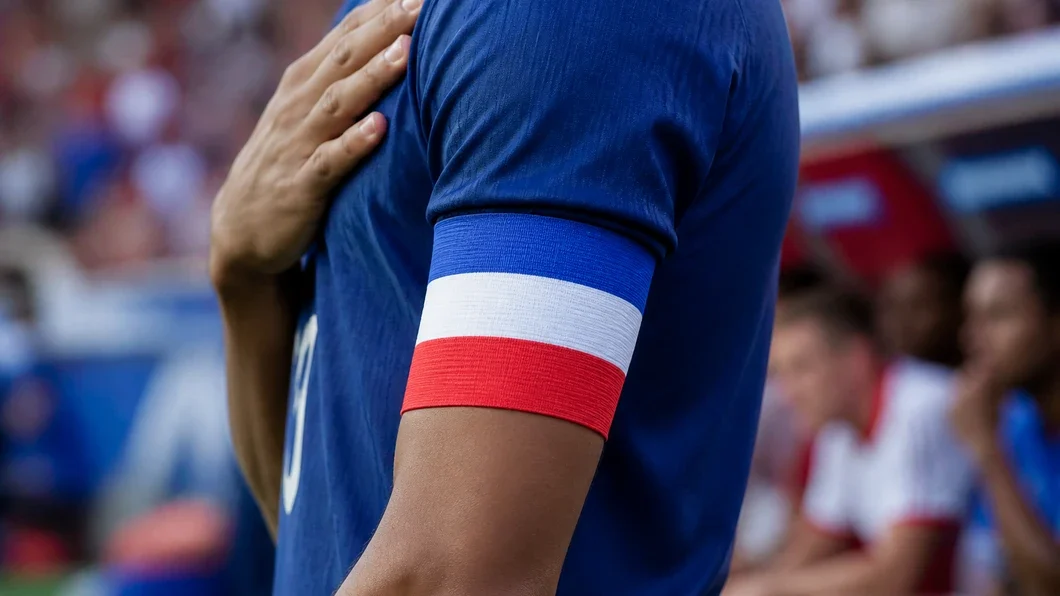 Gros plan sur le brassard de capitaine porté par Kylian Mbappé avec le maillot des Bleus