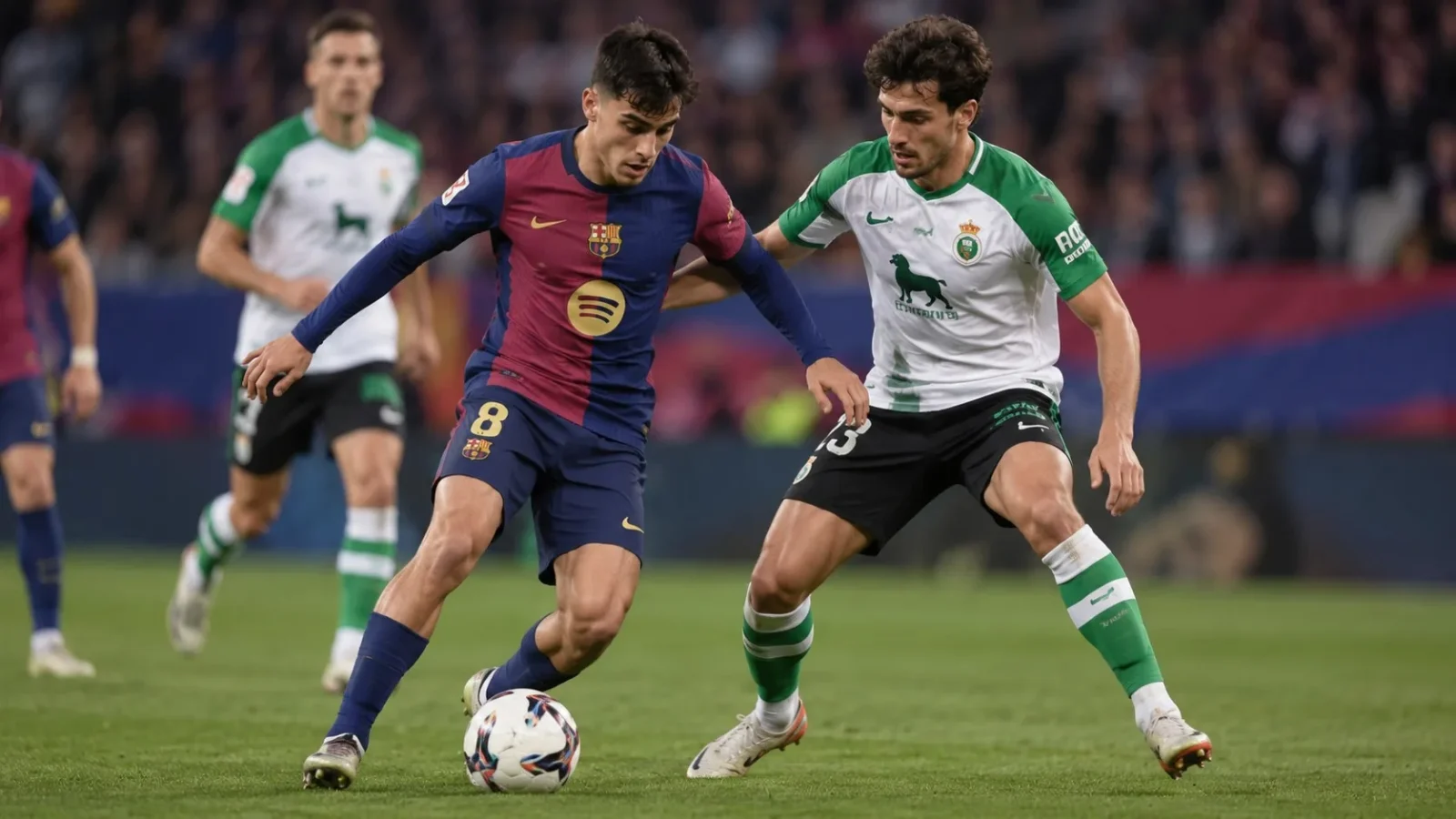 Barcelona Racing Santander : duel au milieu de terrain pendant le match de Liga