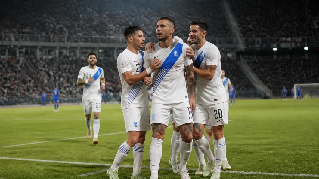 Dimitrios Kourbelis entouré de ses coéquipiers grecs après le but décisif contre Germany.