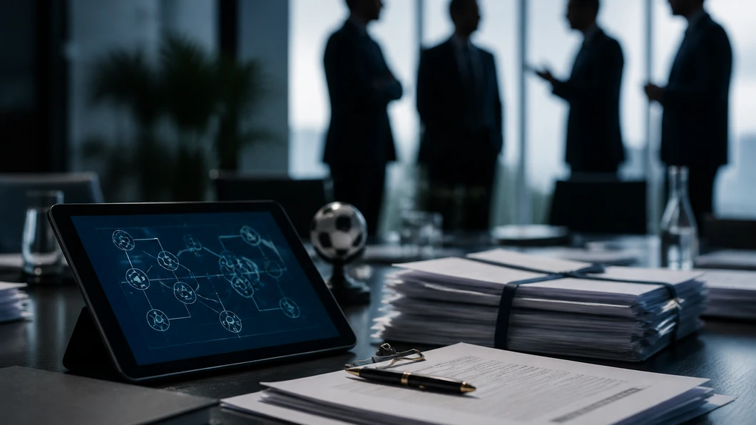 Dossiers juridiques et schéma abstrait illustrent le conflit autour du projet FIFA Forward Enterprise.