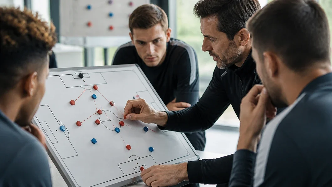 Tableau tactique et joueurs analysant un plan de pressing dans un centre d’entraînement.