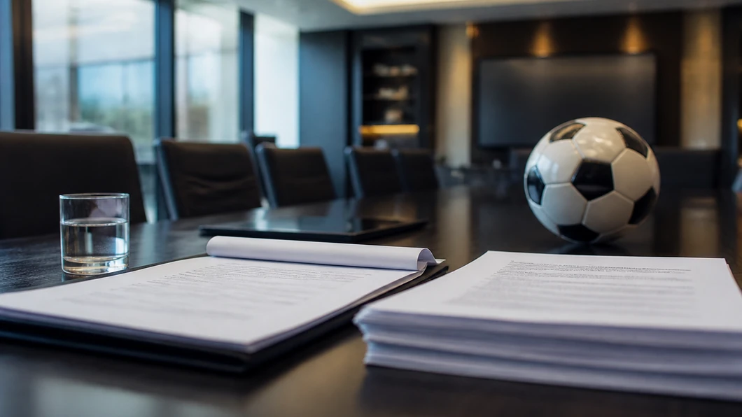 Documents réglementaires et ballon de football dans une salle institutionnelle