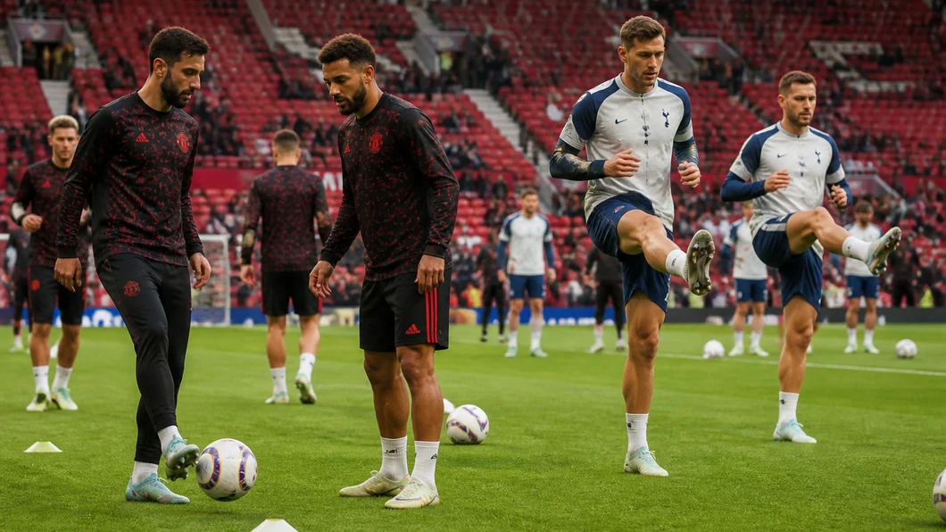 Joueurs de Manchester United FC et de Tottenham Hotspur FC séparés sur le terrain pendant l’échauffement avant le match.