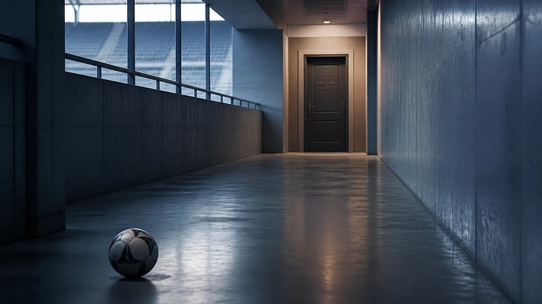 Ballon dans un couloir de stade face à une porte institutionnelle