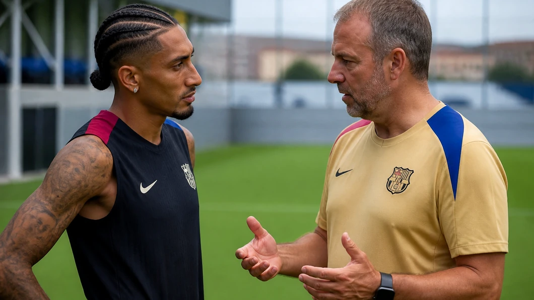 Raphinha échange avec Hansi Flick dans un centre d’entraînement du FC Barcelone.