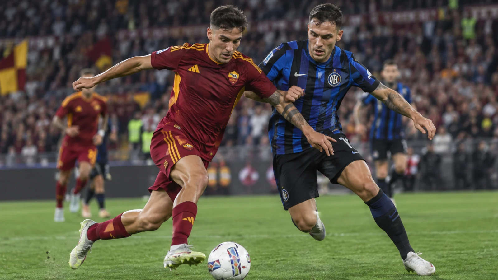 Roma Internazionale Milano : action disputée entre joueurs romains et milanais en Serie A