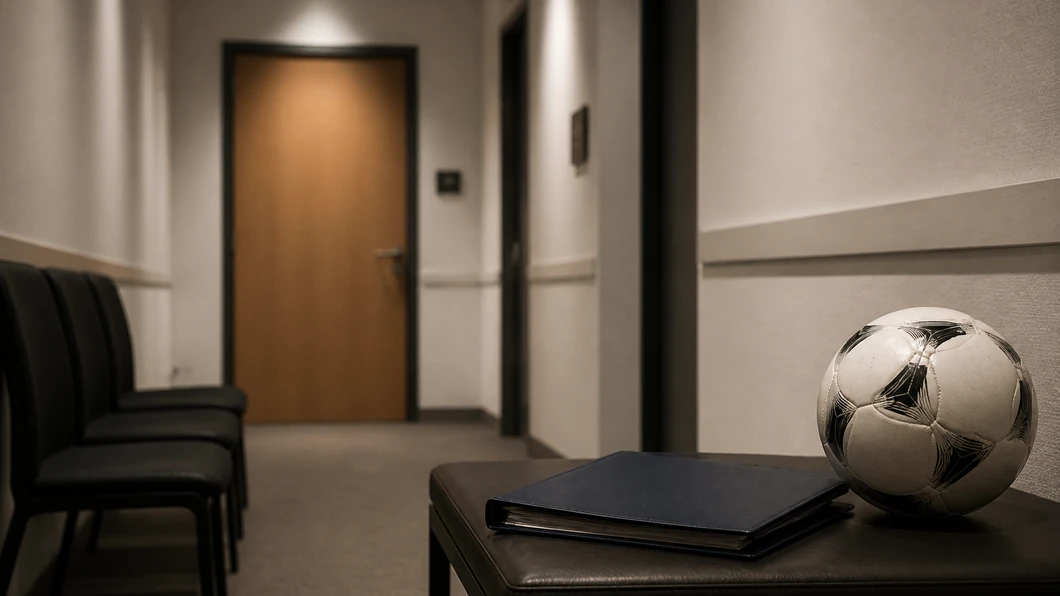 Porte fermée d’une salle d’audience avec un dossier et un ballon de football dans un couloir calme.