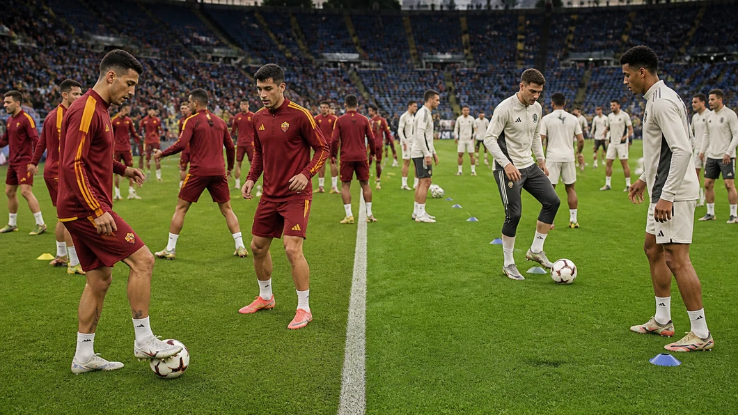 Dybala et Soulé s’échauffent avec la Roma tandis que Valverde et Bellingham préparent le match dans une autre zone de la pelouse.