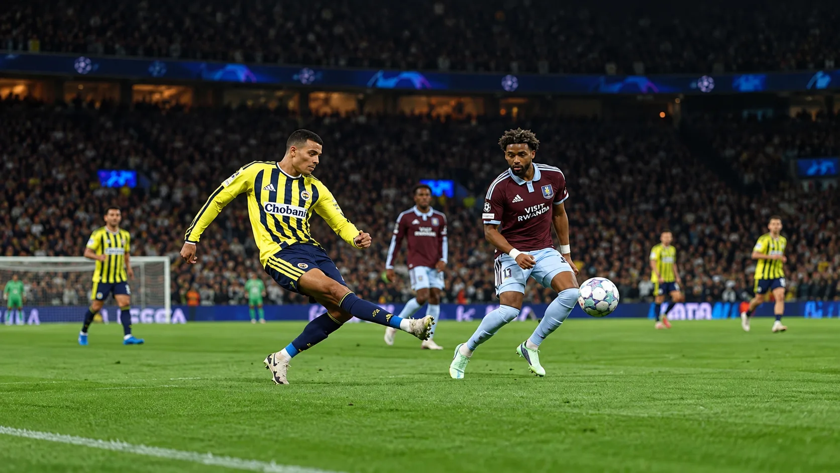 Ballon immobile près de la ligne médiane et joueurs d’Aston Villa et de Fenerbahce répartis dans des zones distinctes du terrain.