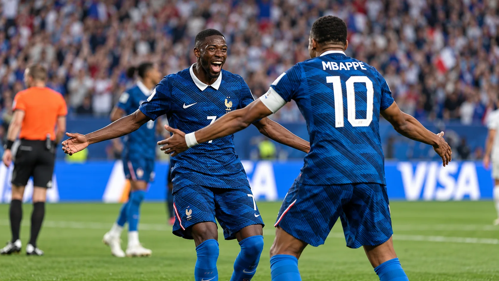 Ousmane Dembélé et Kylian Mbappé dans deux zones distinctes du terrain pendant un rassemblement de l’équipe de France.