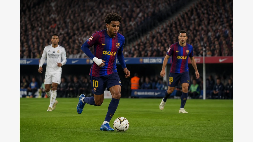 Kylian Mbappé du Real Madrid CF et Raphinha du FC Barcelona se disputent le ballon au premier plan devant des tribunes floutées.