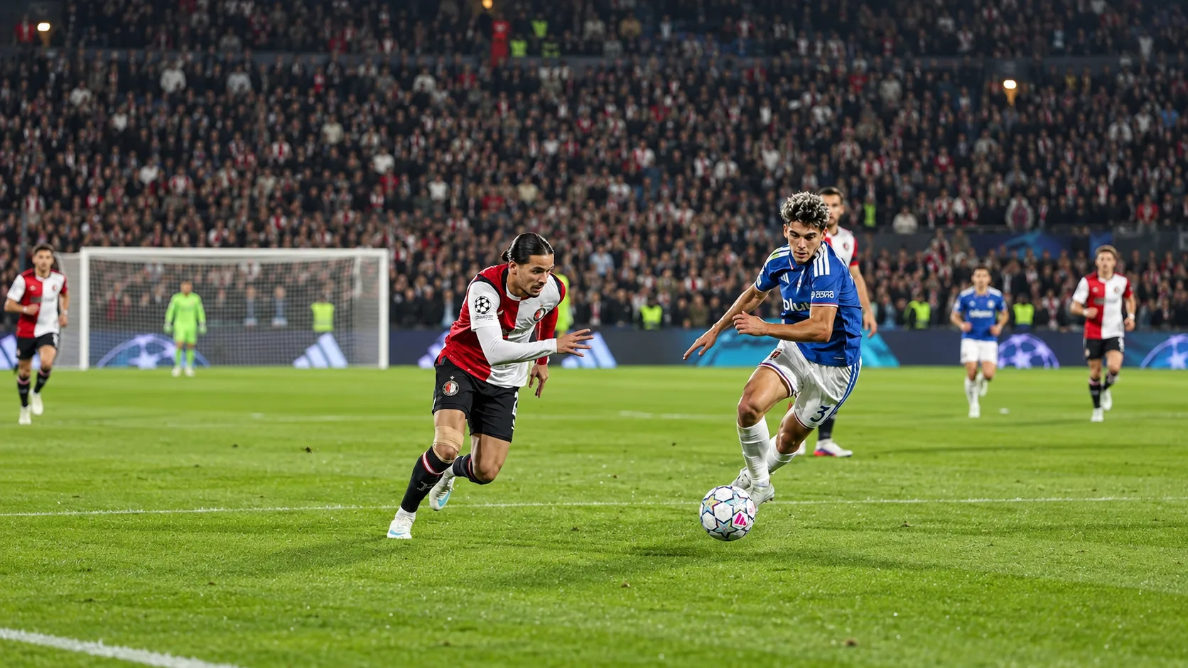 Ballon immobile près de la ligne médiane et joueurs de Feyenoord et de Como répartis sur la pelouse.