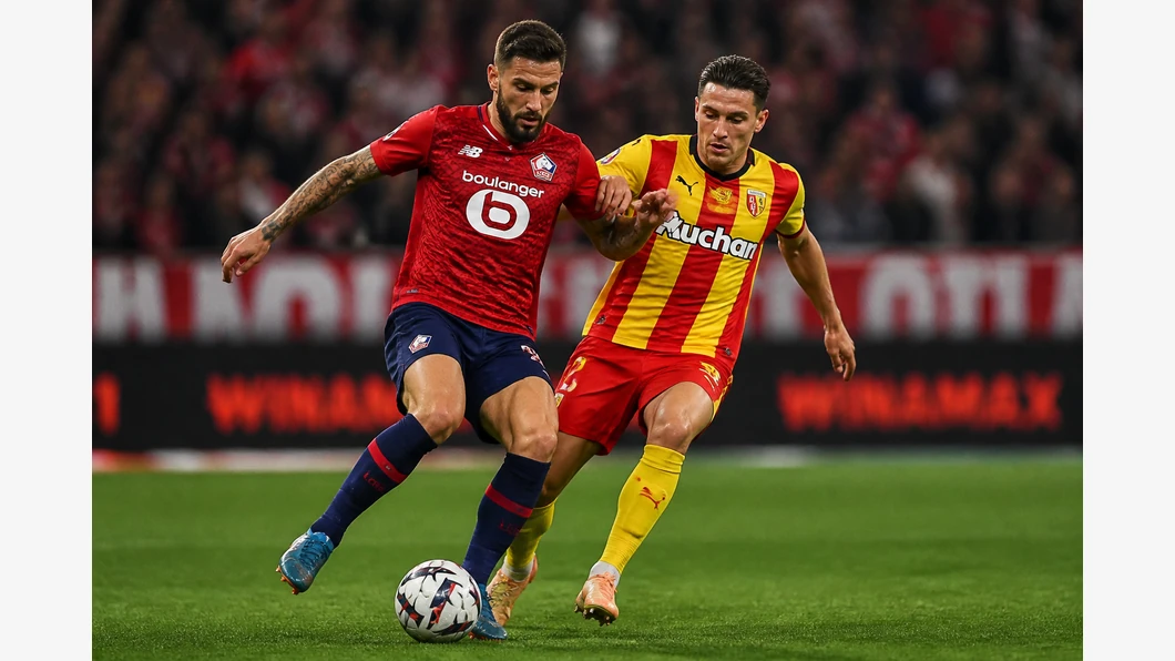 Olivier Giroud de Lille et Florian Thauvin de Lens se disputent un ballon au premier plan devant des tribunes floutées.