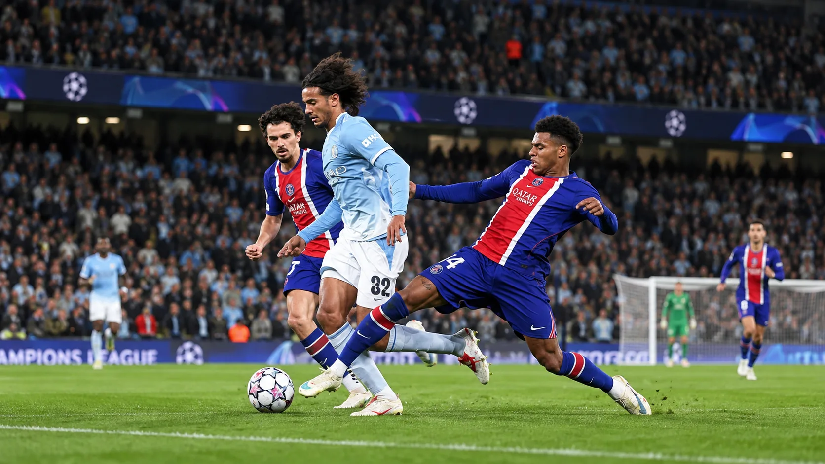 Ballon immobile près de la ligne médiane et joueurs de Manchester City et du Paris Saint-Germain répartis sur la pelouse.
