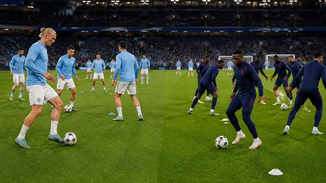 Joueurs de Manchester City et du Paris Saint-Germain s’échauffent séparément dans deux zones de la pelouse avant le match.