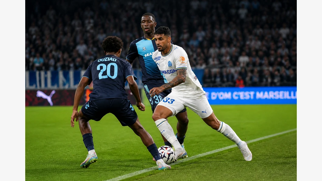 CJ Egan-Riley de Marseille et Josh Maja du Havre se disputent le ballon au premier plan, devant des tribunes flout&eacute;es.