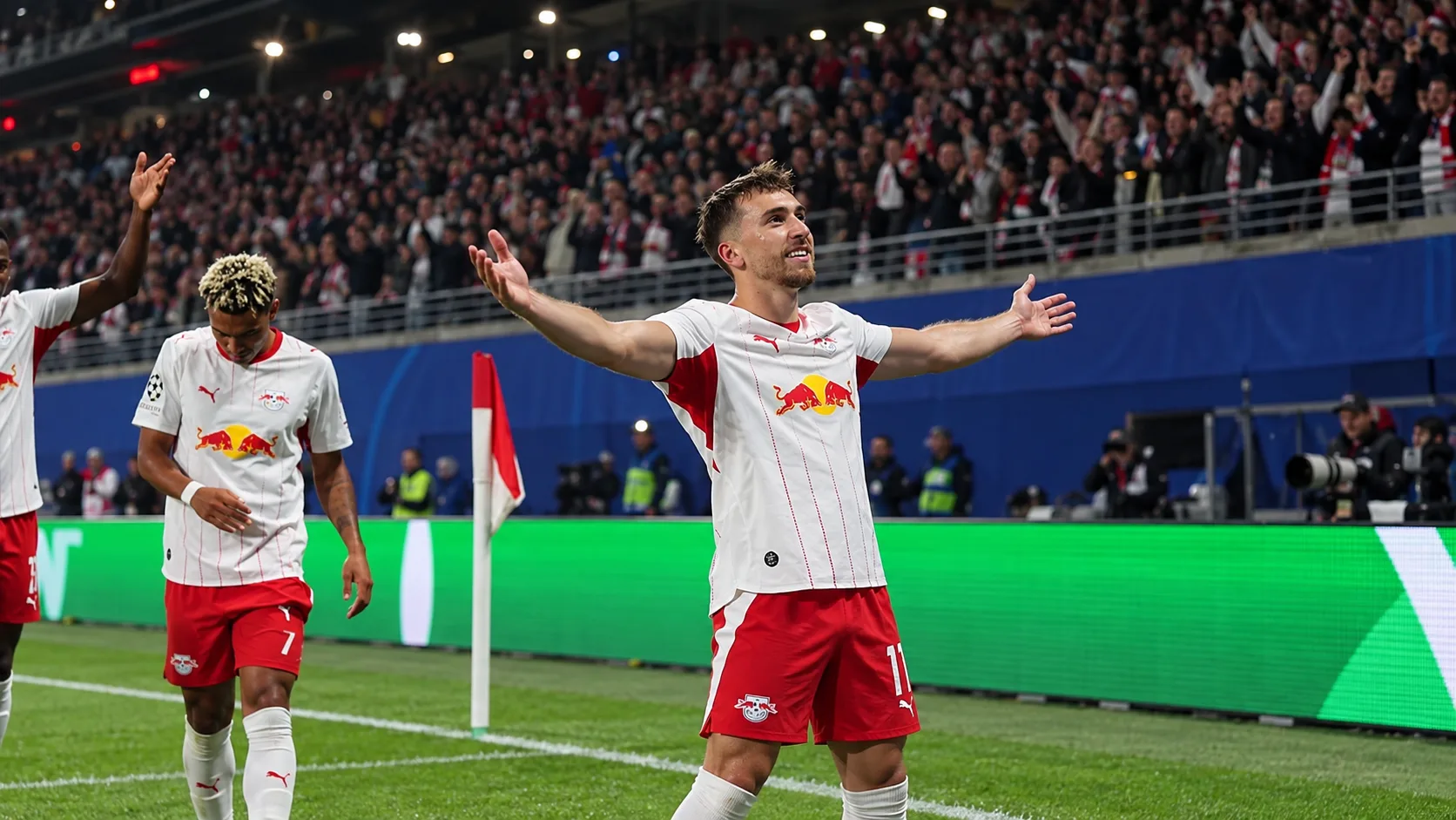 Ballon immobile près de la ligne médiane et joueurs du RB Leipzig et du PSV répartis sur le terrain.