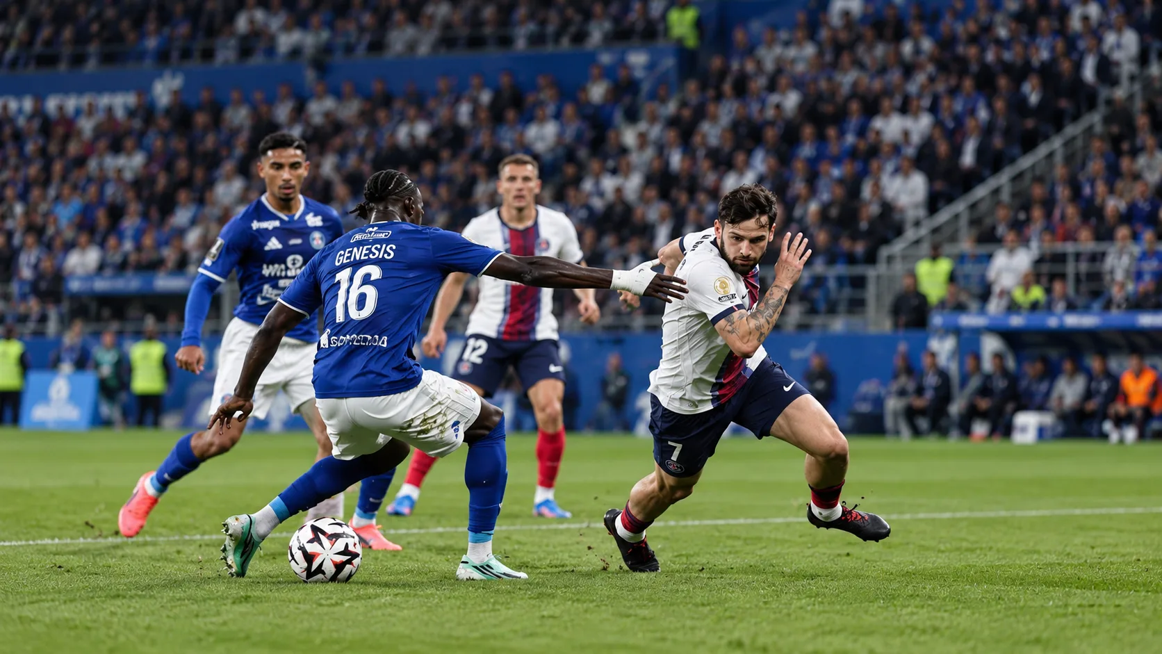 Ballon immobile près de la ligne médiane et joueurs de Paris et Strasbourg répartis sur la pelouse après le match.