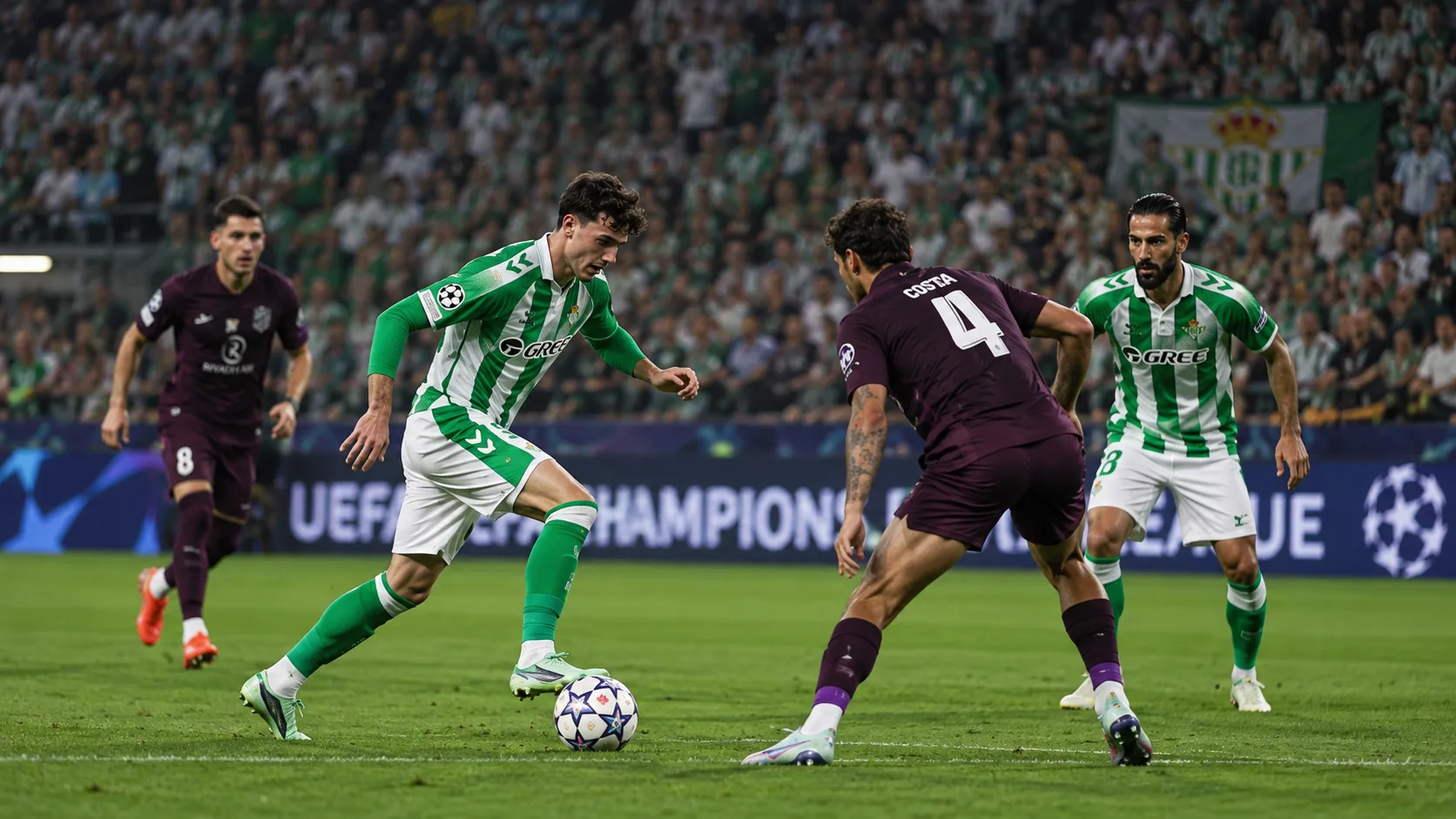Ballon immobile près de la ligne médiane et joueurs du Betis et du FC Porto répartis dans des zones distinctes du terrain.