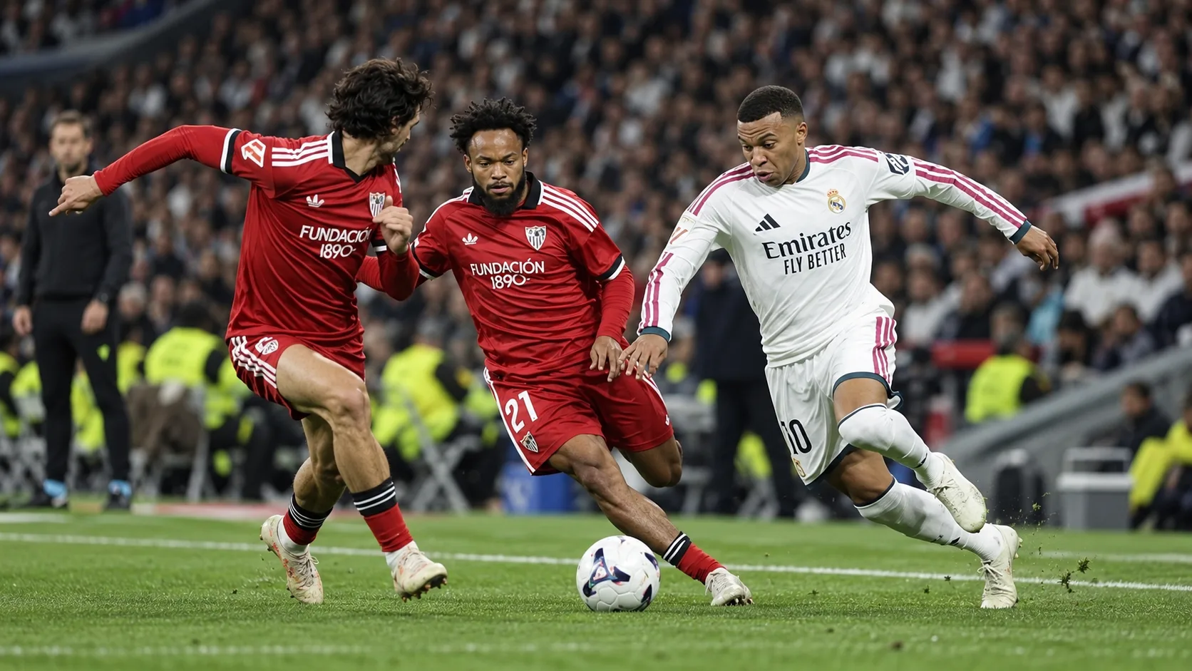 Ballon près de la ligne de touche et bancs visibles au premier plan, avec des joueurs du Real Madrid et du Sevilla FC au loin.