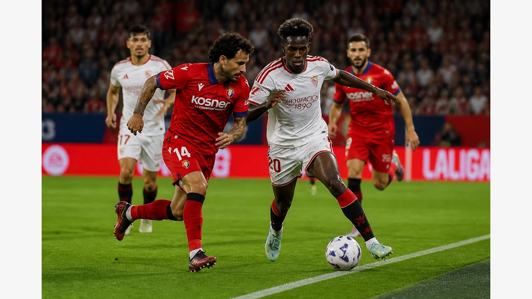 Isaac Romero du Sevilla FC et Ante Budimir du CA Osasuna se disputent le ballon au premier plan devant des tribunes floutées.