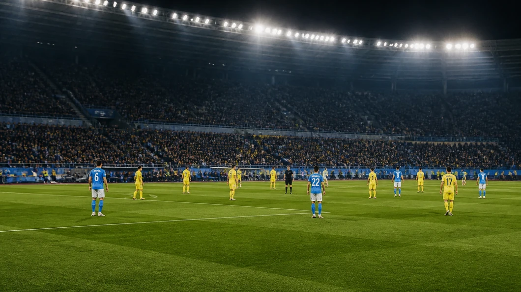 Vue lat&eacute;rale d&rsquo;une pelouse &eacute;clair&eacute;e en soir&eacute;e avec des joueurs en bleu et en jaune dans une disposition neutre.
