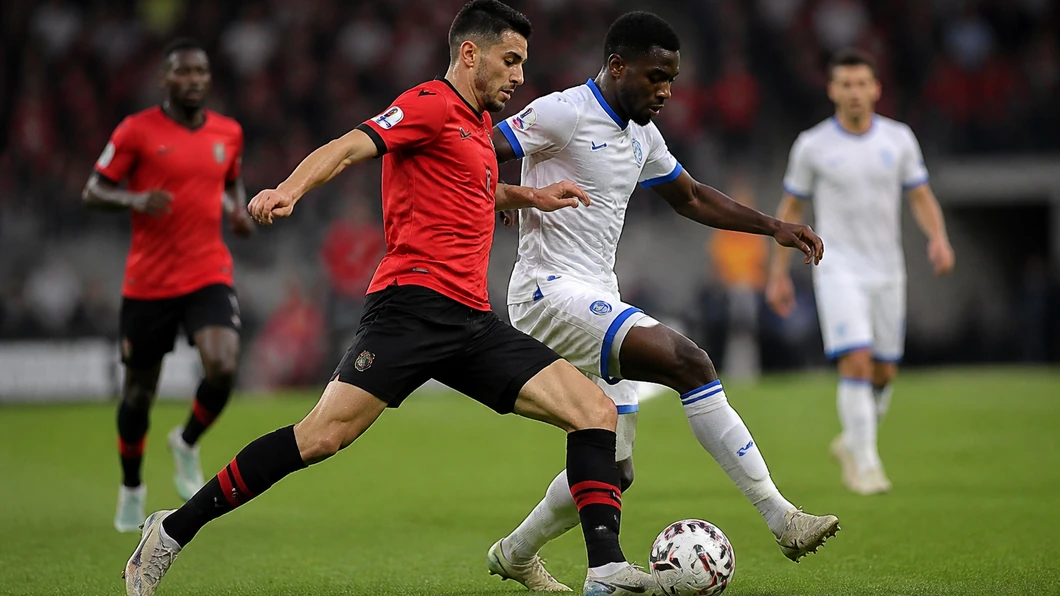 Vue large d’un match de football avec les joueurs répartis autour du ballon au milieu du terrain.