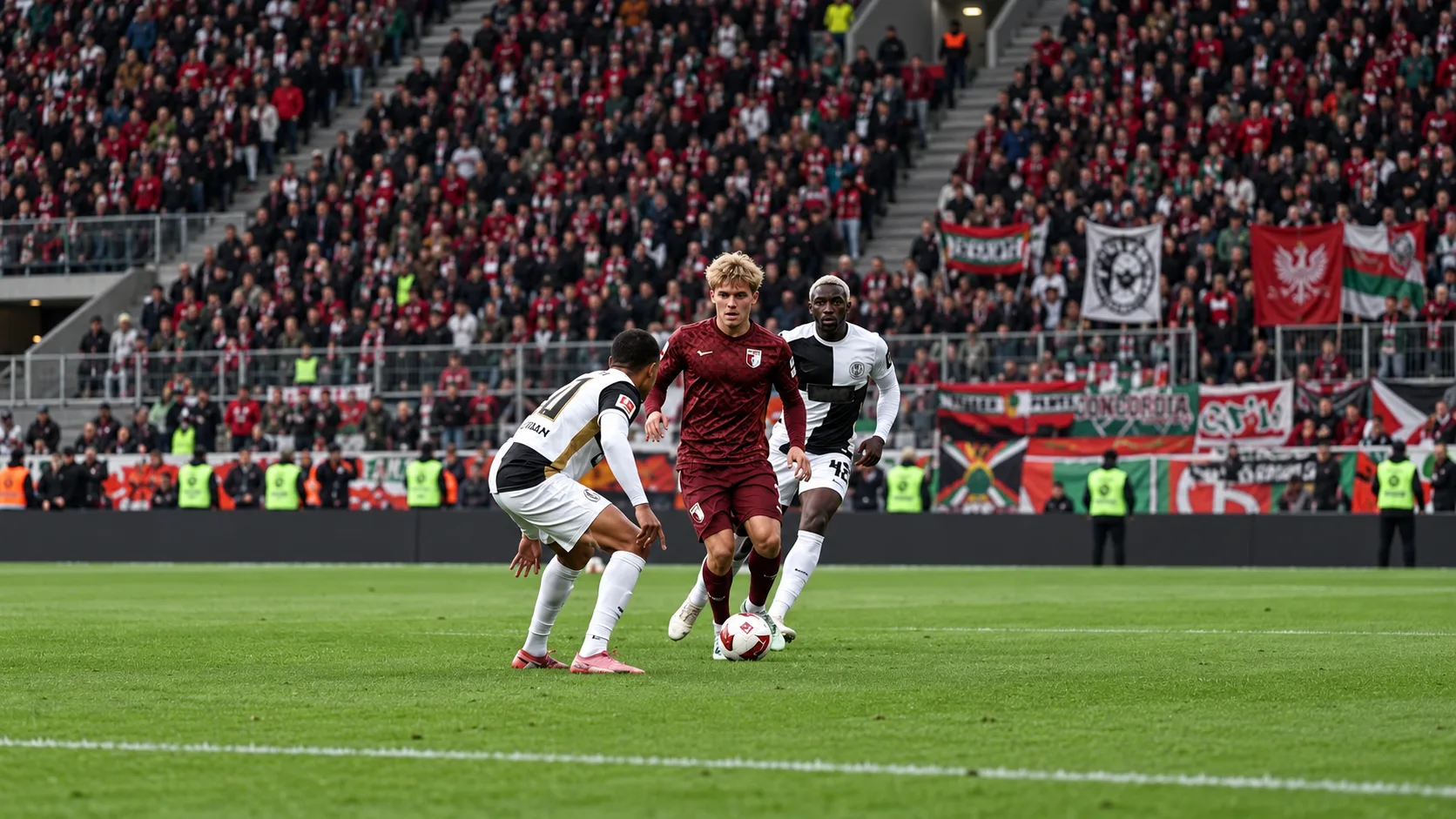 Ballon immobile près de la ligne médiane et joueurs du SV Elversberg et du FC Augsburg répartis sur la pelouse.