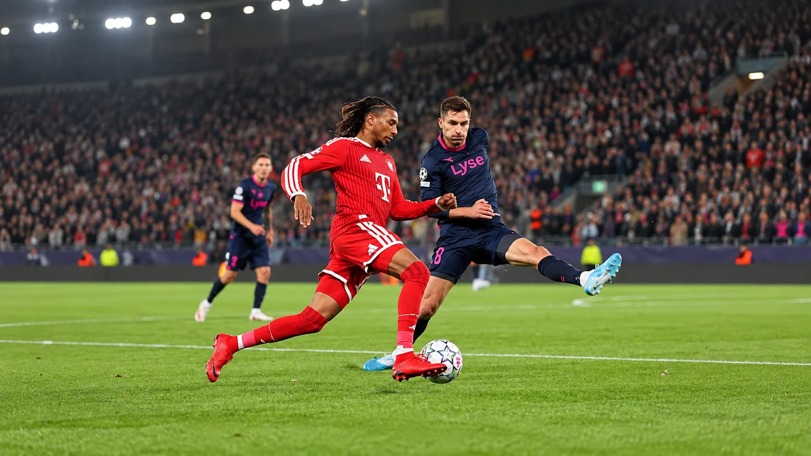 Ballon immobile près de la ligne médiane et joueurs de Viking FK et du FC Bayern München répartis sur le terrain.